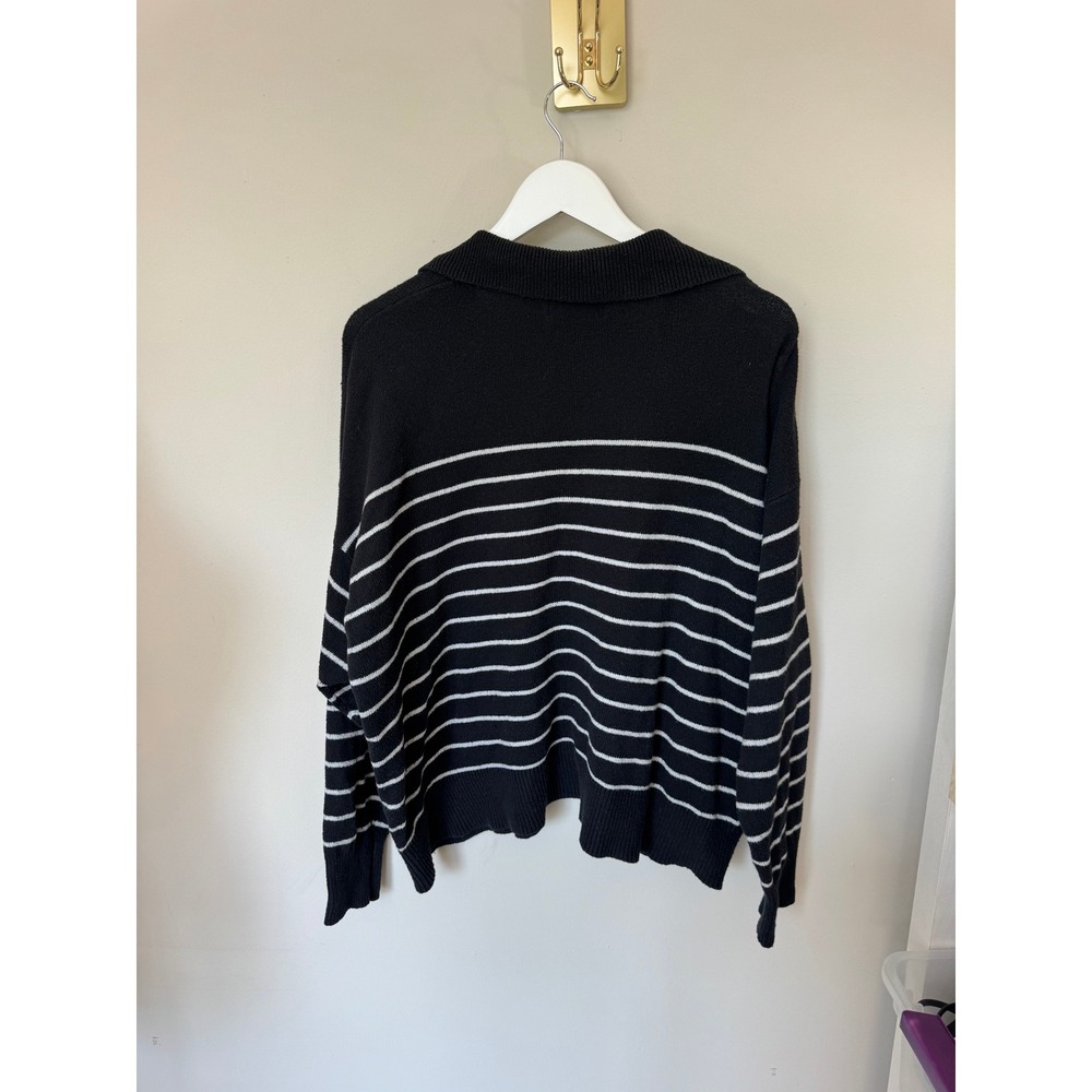 Black White‎ Striped Polo Collar V-Neck Oversized Knit Sweater Long Sleeve - Picture 9 of 9